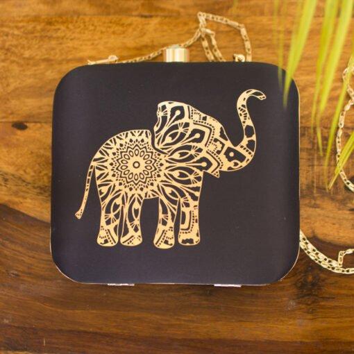Royal Elephant Printed Black Clutch