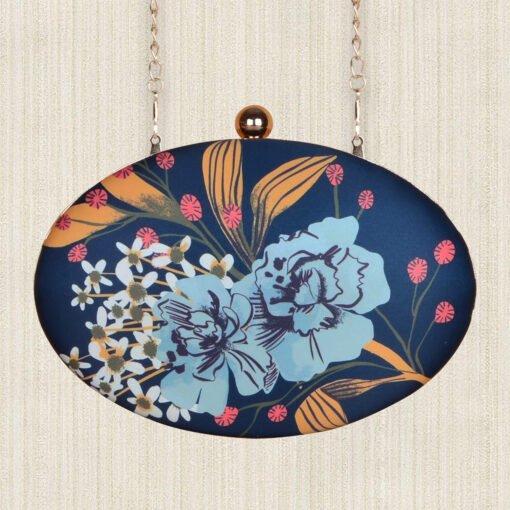 Blue Oval Floral Printed Clutch